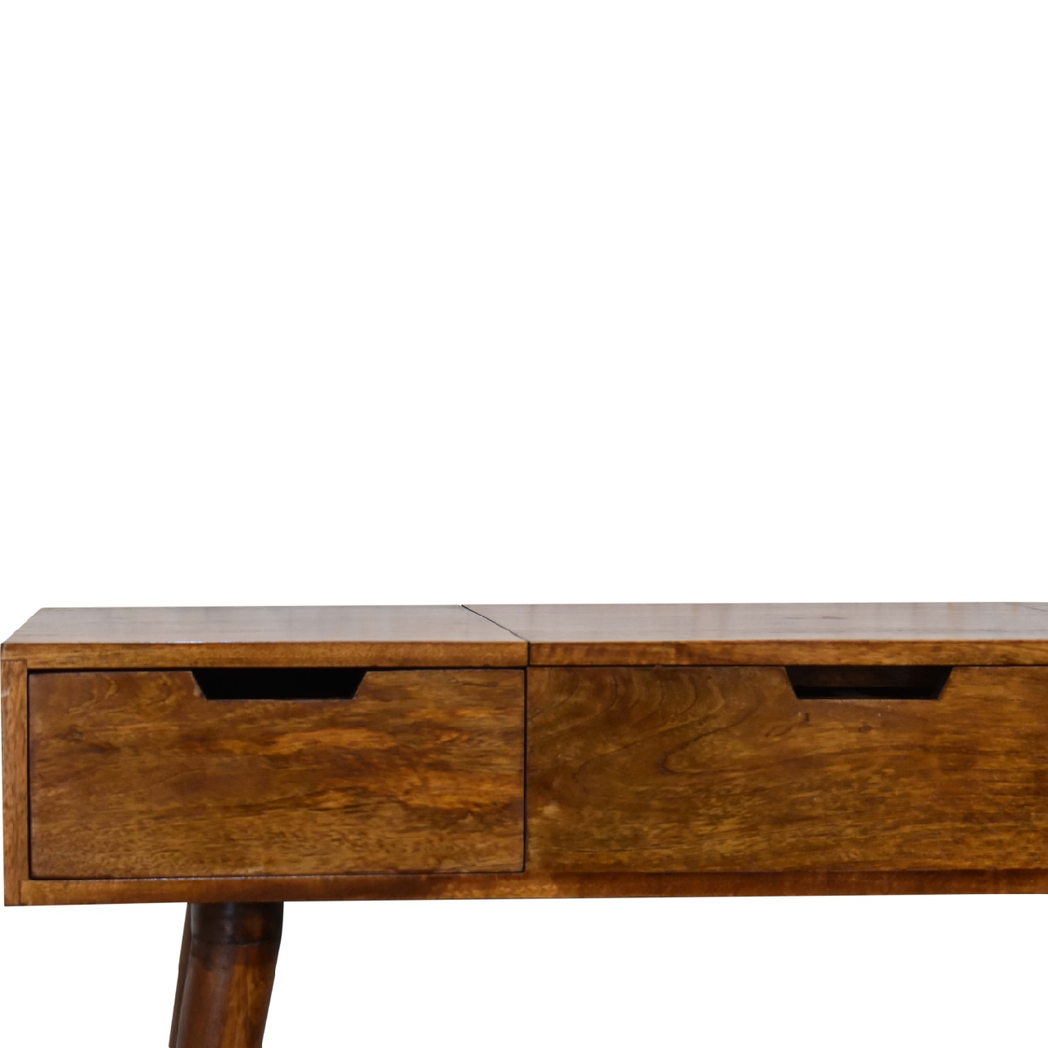 Artisan Furniture Solid Wood Foldable Mirror Dressing Table with 2 Drawers – Nordic Style, Chestnut Brown