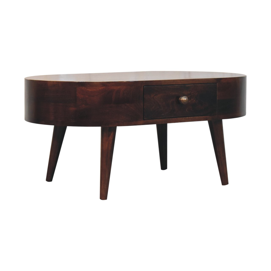 Artisan Furniture Solid Wood California Walnut Rounded Coffee Table with Drawer – Nordic Legs, Dark Brown