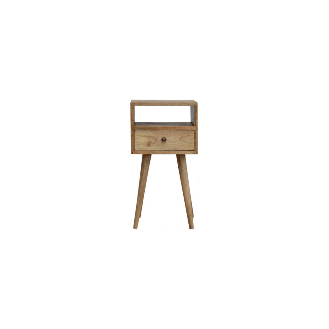 Artisan Mini Solid Mango Wood Bedside Table with Drawer & Open Slot – Compact Bedroom Storage, Beige