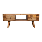 Artisan Furniture Mini Rounded Media Unit in Solid Mango Wood, 2 Drawers & Open Slot – Bedroom, Beige