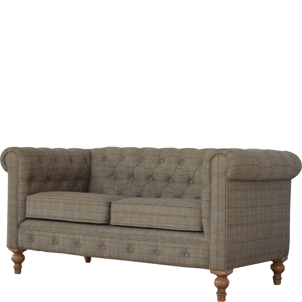Artisan Furniture Chesterfield 2 Seater Sofa in Multi Tweed with Button Tufting – Solid Mango Wood Frame, Grey