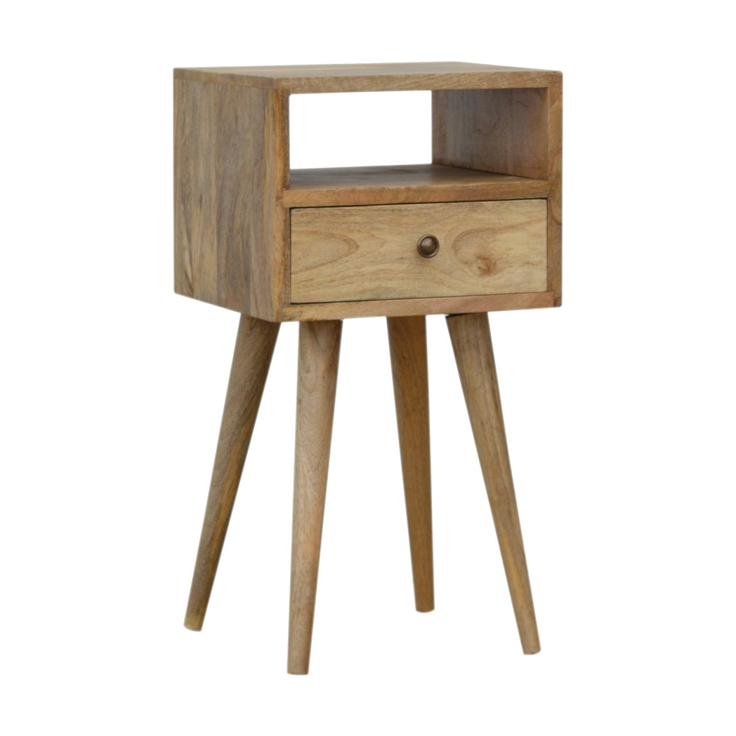 Artisan Mini Solid Mango Wood Bedside Table with Drawer & Open Slot – Compact Bedroom Storage, Beige