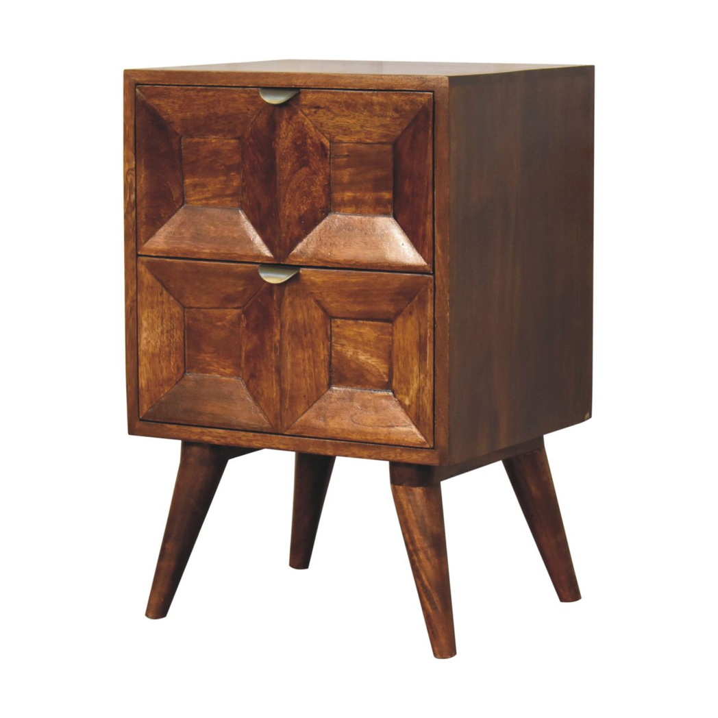 Artisan Furniture Solid Wood Quad Bedside Table with 2 Drawers – Nordic Style Mango Wood, Dark Brown