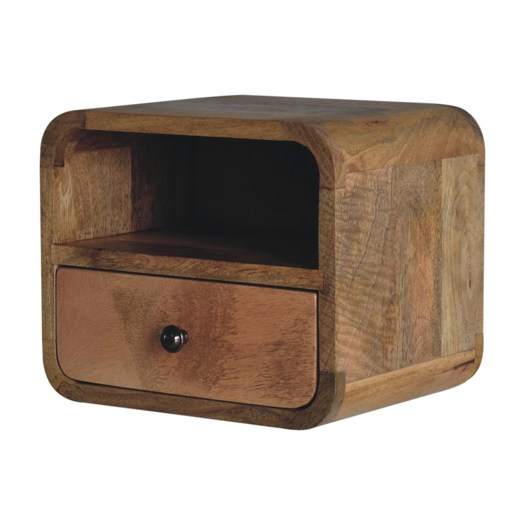 Artisan Furniture Extra Mini Wall Mounted Curved Bedside Table, 1 Drawer & Open Shelf – Solid Mango Wood