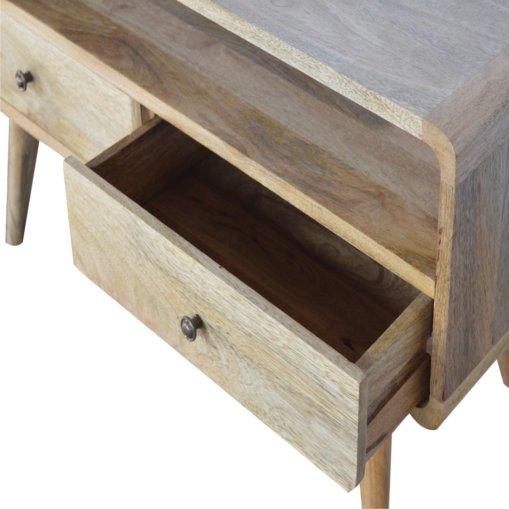 Artisan Curved Solid Wood Media Unit with 2 Drawers – Oak-Look Brown TV Stand for Living Rooms