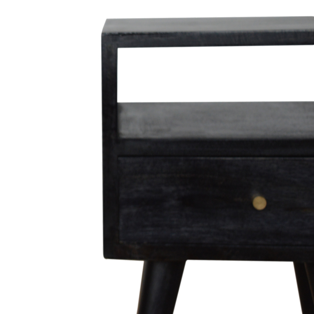 Artisan Furniture Solid Wood Mini Bedside Table with Pull-Out Drawer and Shelf – Nordic Style, Ash Black