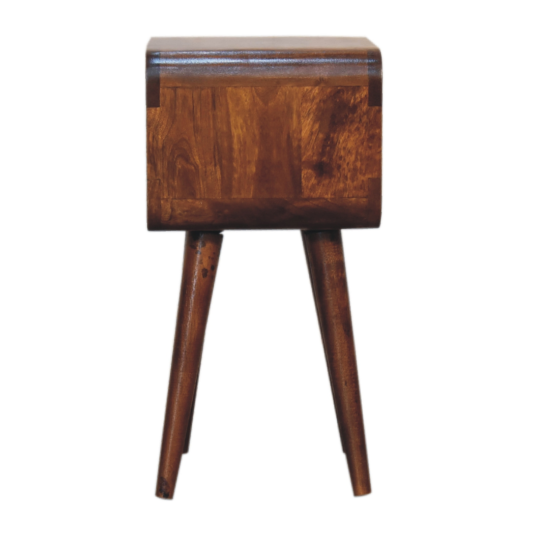 Artisan Furniture Mini Curved Bedside Table with Open Shelf – Solid Mango Wood, Chestnut Brown