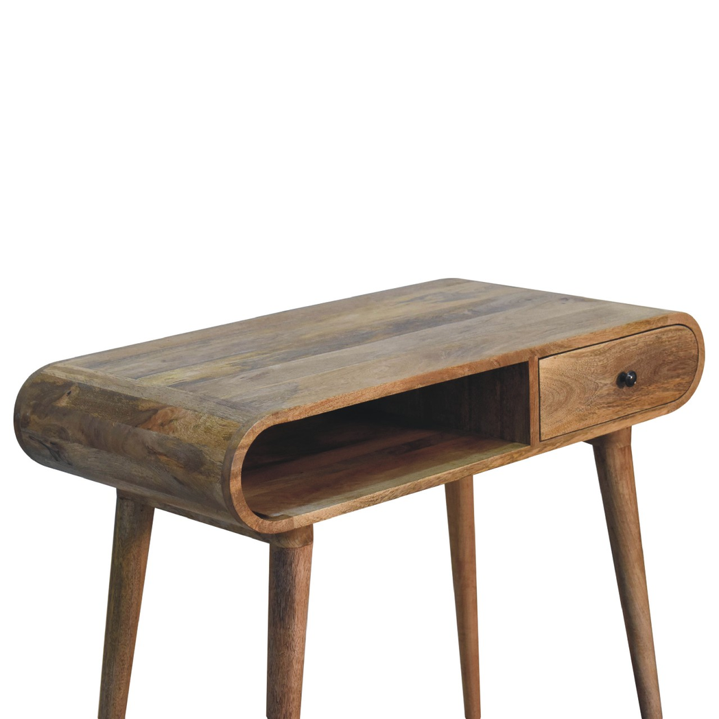Artisan Furniture Solid Wood Curved Writing Desk with 1 Drawer & Open Shelf – Home Office, Oak-ish, Beige