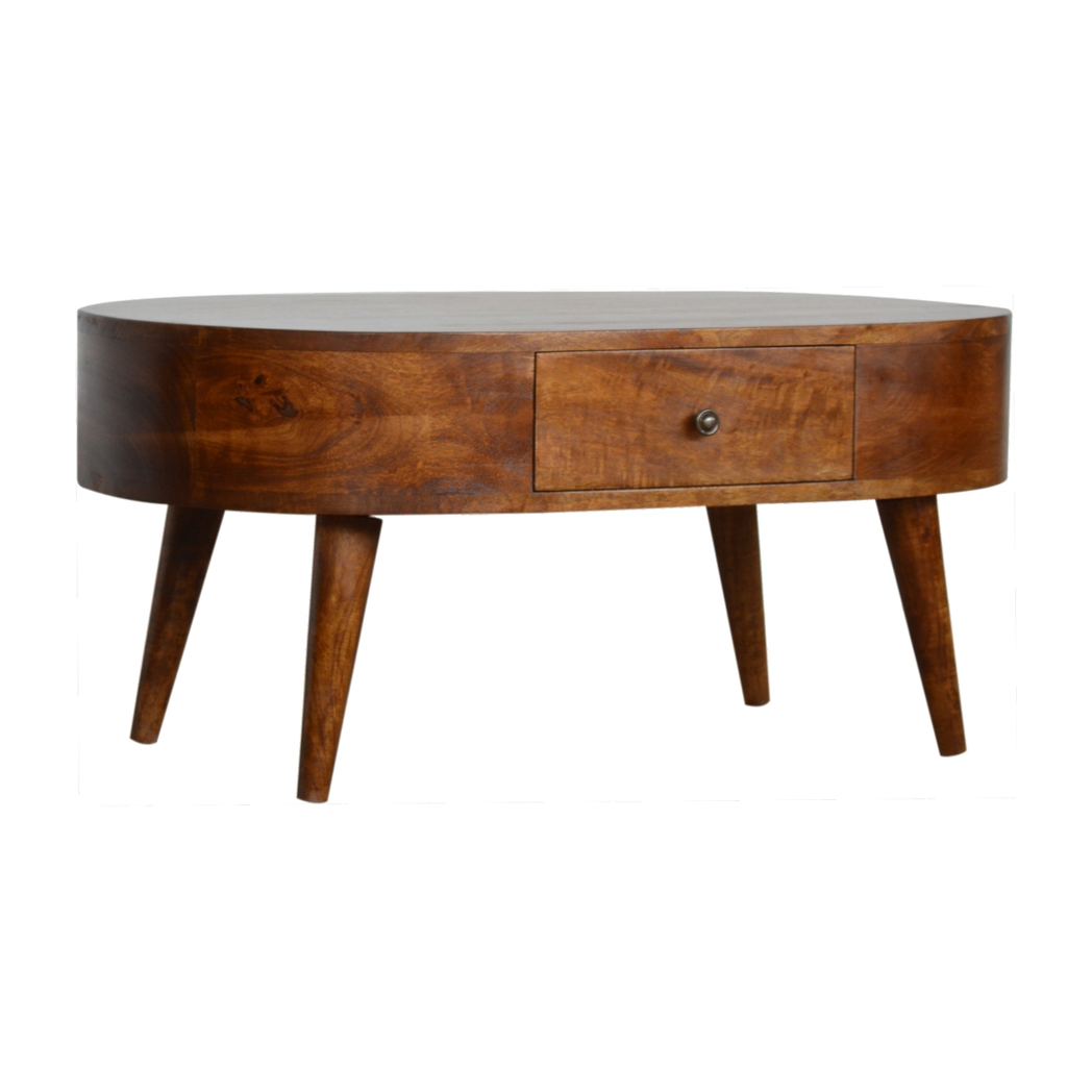 Artisan Solid Wood Rounded Coffee Table with 2 Drawers – Living Room Storage, Dark Chestnut