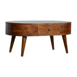 Artisan Solid Wood Rounded Coffee Table with 2 Drawers – Living Room Storage, Dark Chestnut