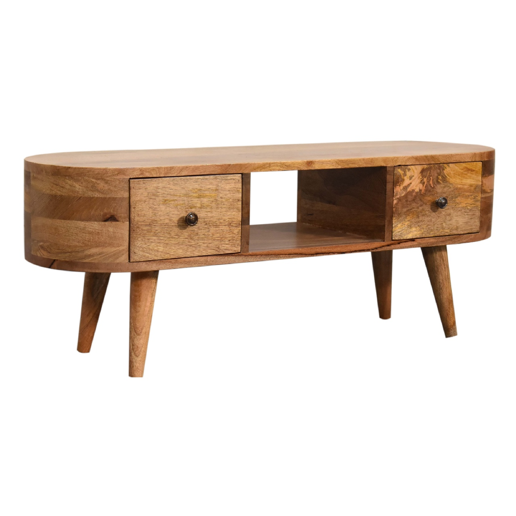 Artisan Furniture Mini Rounded Media Unit in Solid Mango Wood, 2 Drawers & Open Slot – Bedroom, Beige