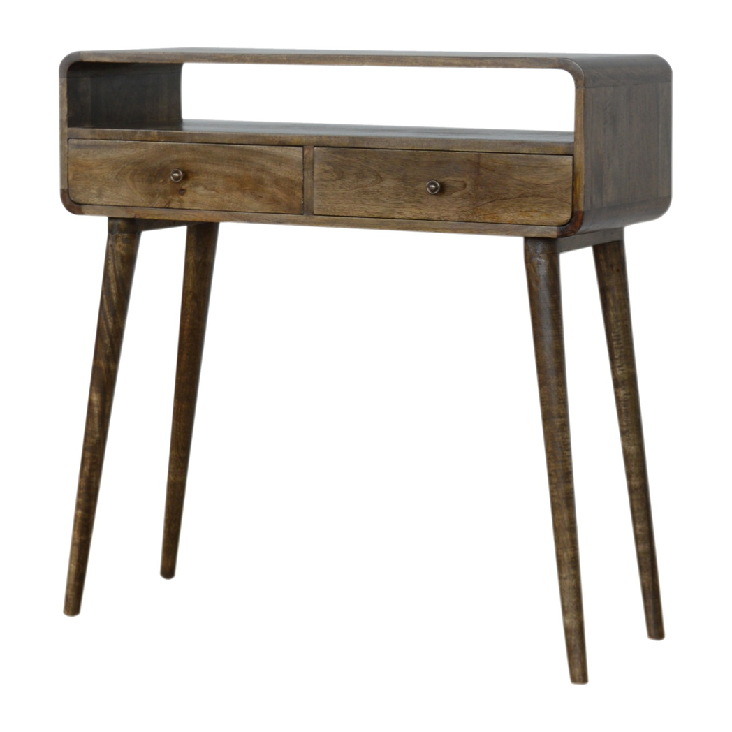 Artisan Furniture Solid Wood Curved Console Table with 2 Drawers & Open Storage – Grey-wash, Grey and Brown