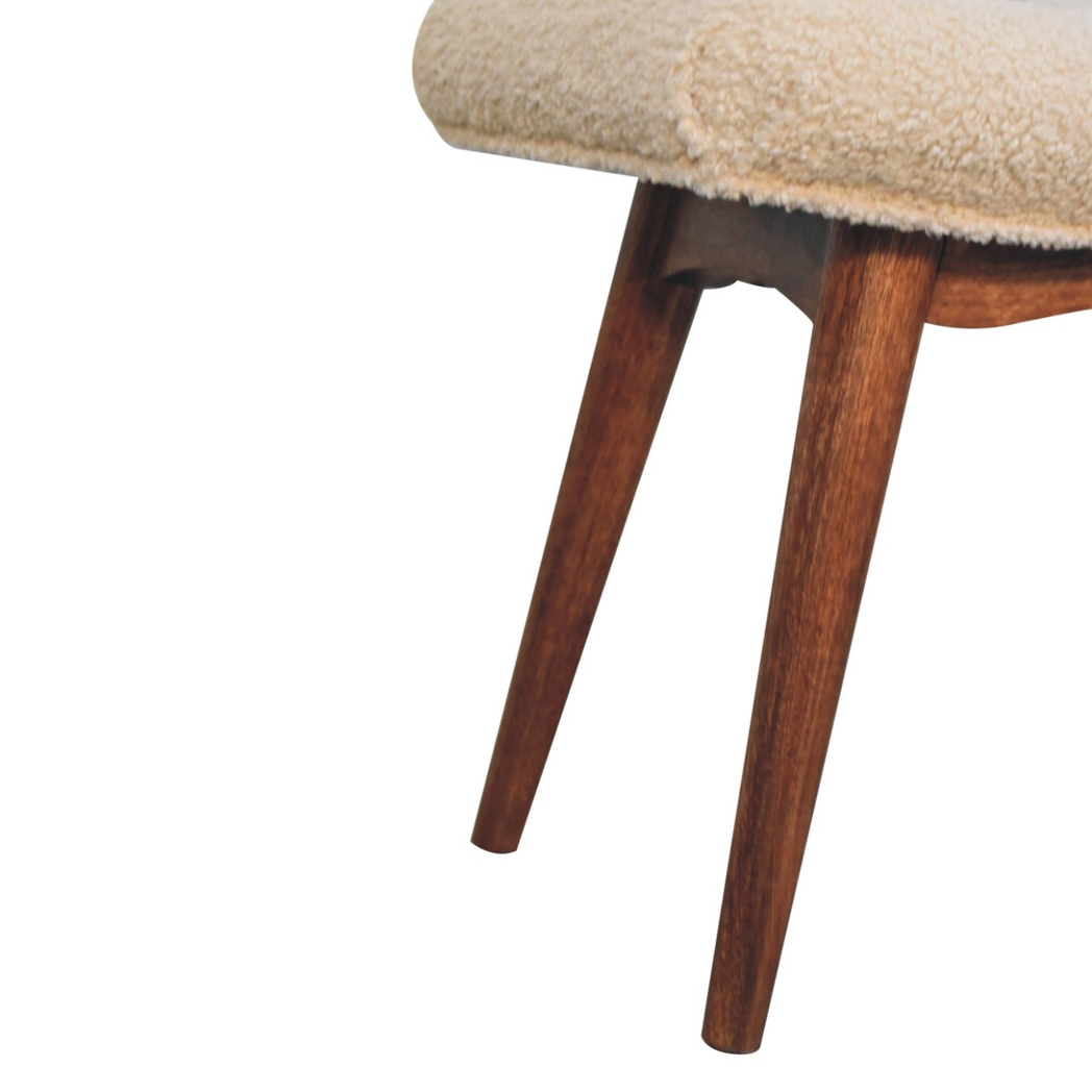 Artisan Furniture Solid Wood Boucle Curved Bench – Upholstered Hallway & Bedroom Seat, Honey Caramel Legs, Cream