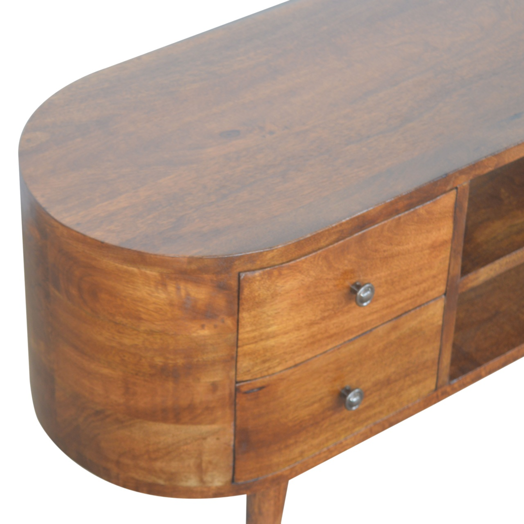 Artisan Furniture Rounded Media Unit in Solid Mango Wood, 4 Drawers & 2 Open Slots – Living Room, Chestnut