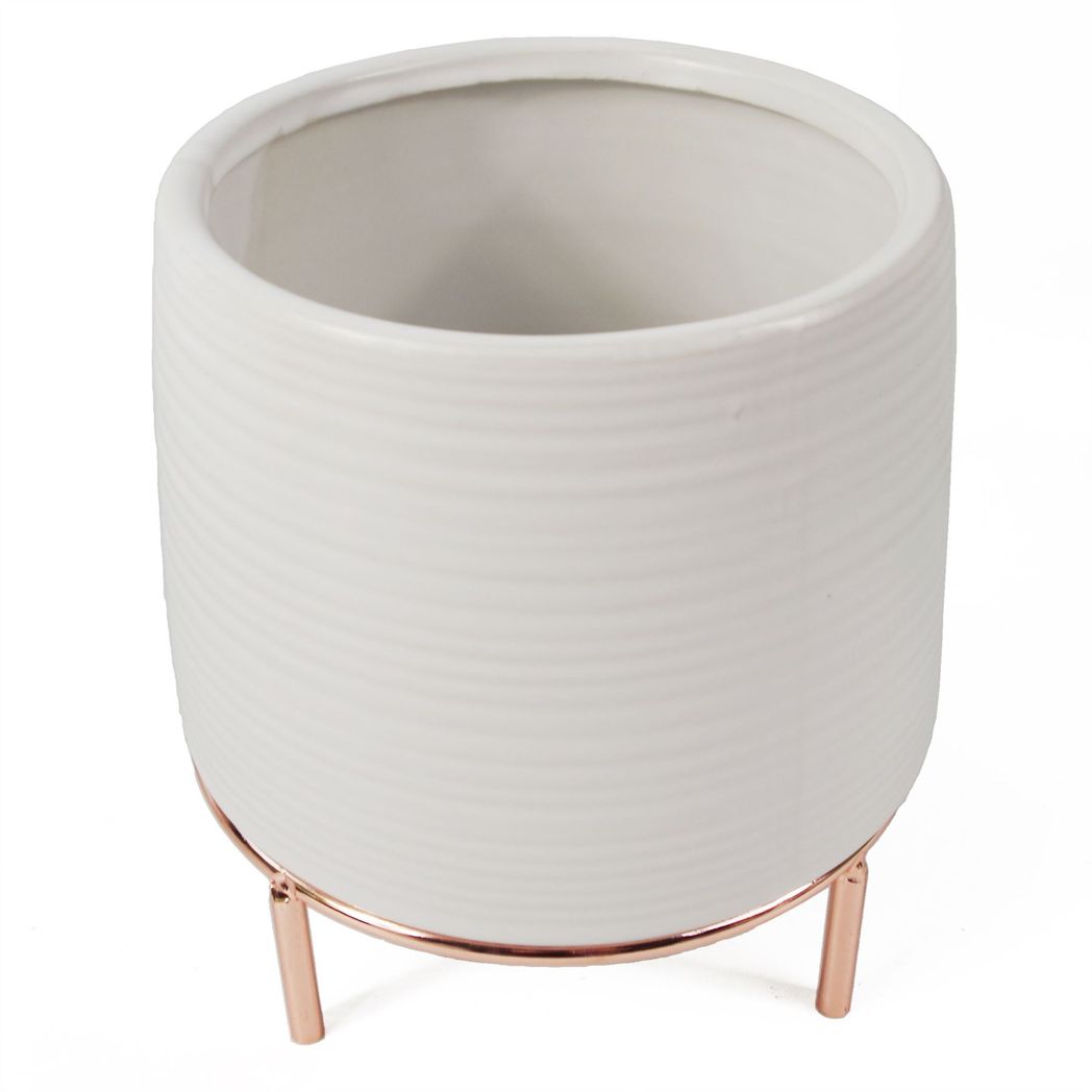 18cm White Ceramic Planter with Metal Stand – Indoor Plant Pot, White & Gold