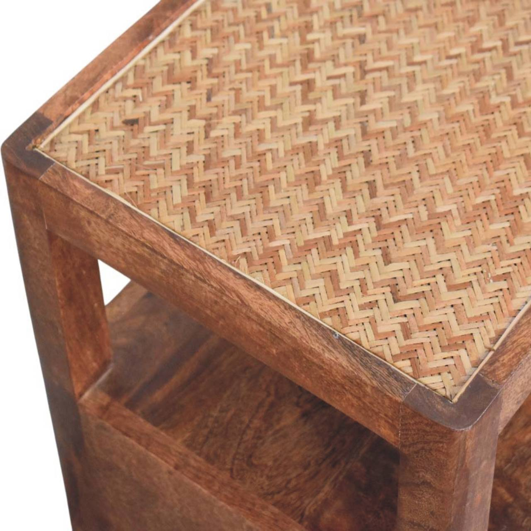 Artisan Furniture Solid Wood Caldera Bedside Stand, 1 Drawer, Open Shelf and Rattan Top – Brown