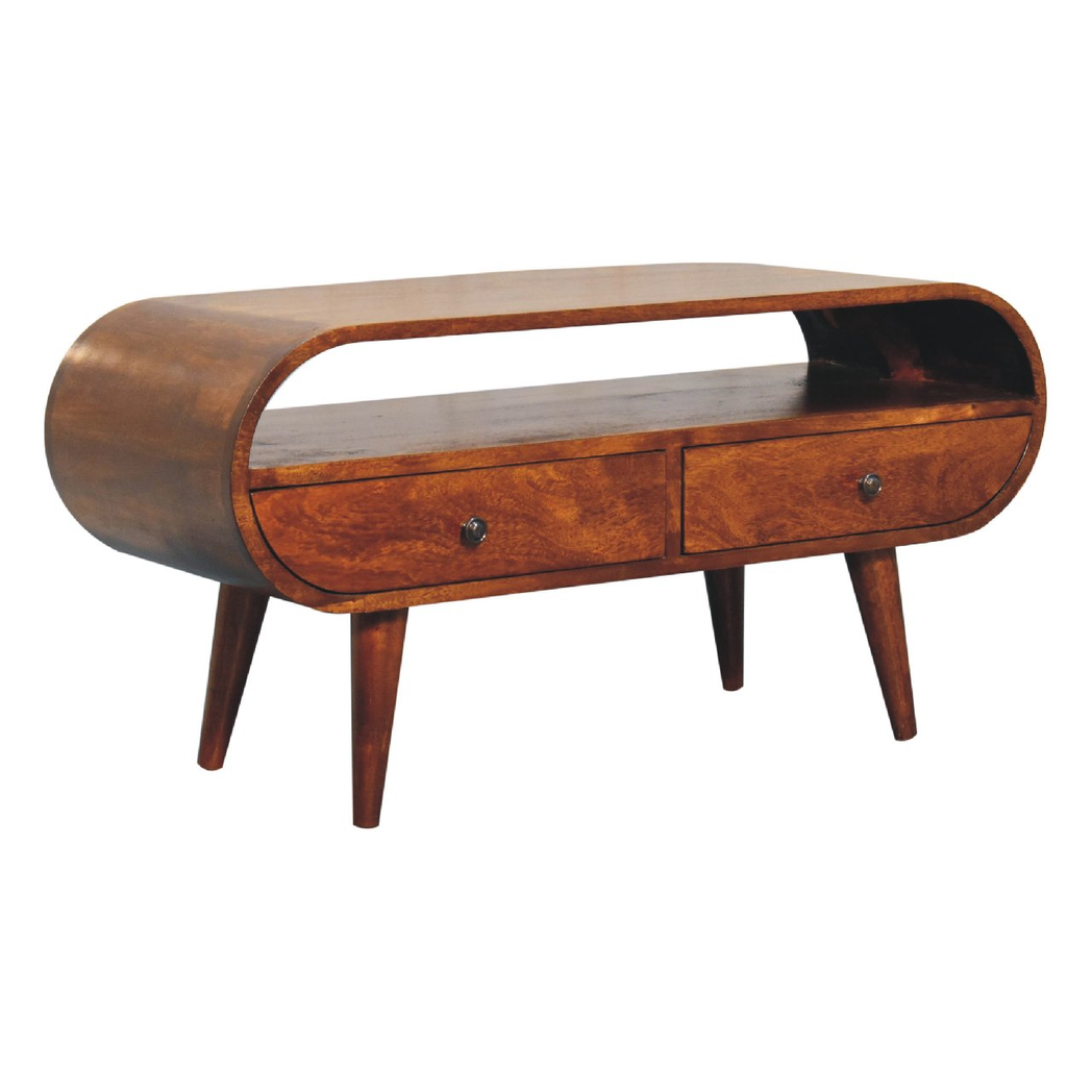 Artisan Furniture Circular TV Stand in Solid Mango Wood, 2 Drawers & Open Slot – Media Unit, Dark Brown