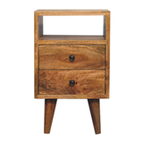 Artisan Mini Classic Solid Wood Bedside Table with 2 Drawers & Open Slot – Compact Bedroom Storage, Brown