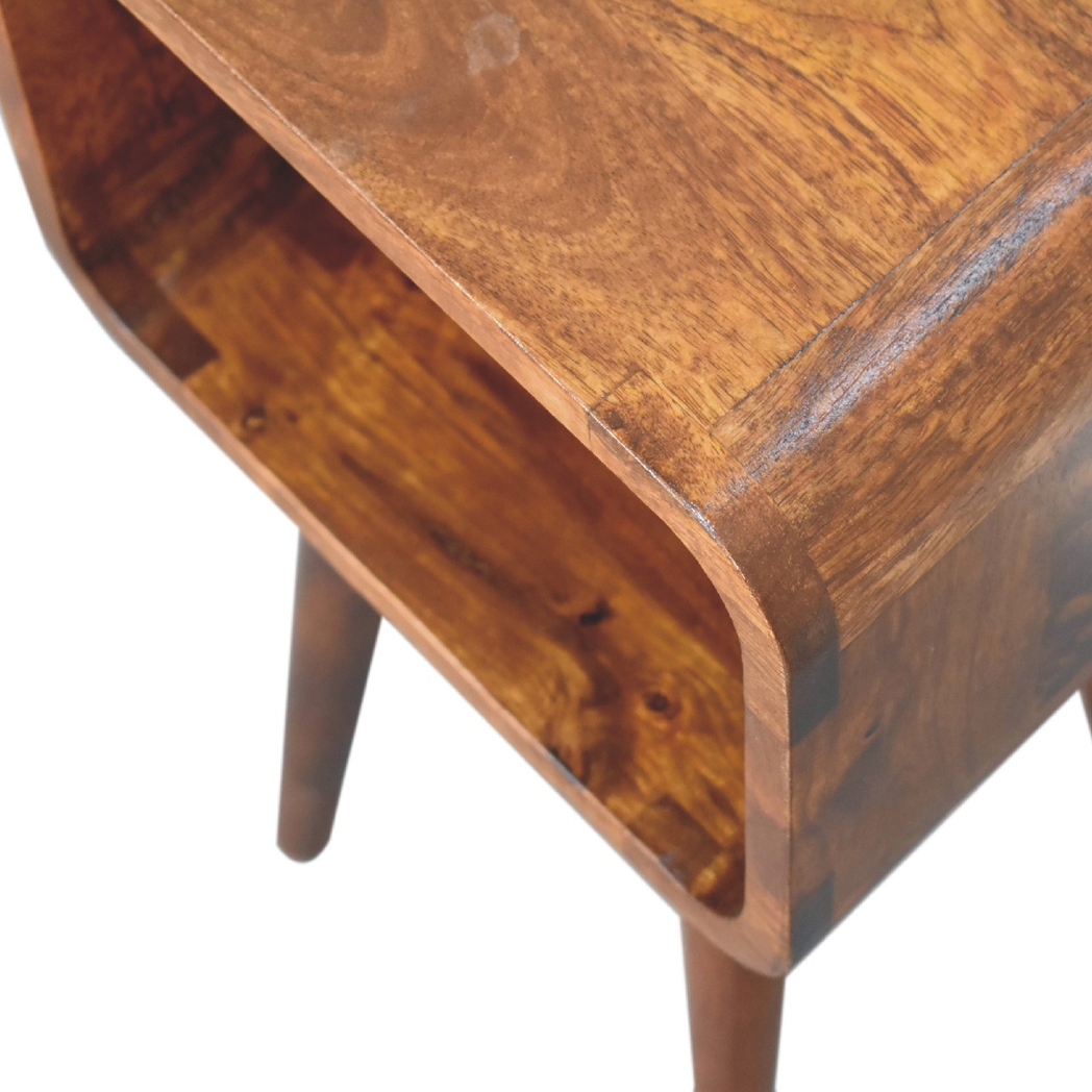 Artisan Furniture Mini Curved Bedside Table with Open Shelf – Solid Mango Wood, Chestnut Brown