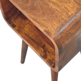 Artisan Furniture Mini Curved Bedside Table with Open Shelf – Solid Mango Wood, Chestnut Brown