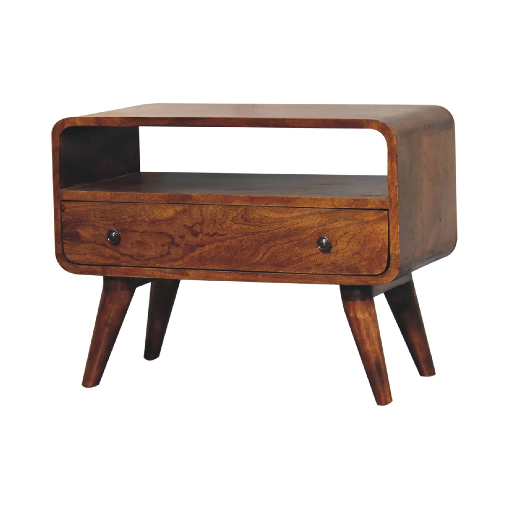 Artisan Furniture Solid Wood Mini Chestnut Curved Media Unit, 1 Drawer & Open Slot – Dark Brown