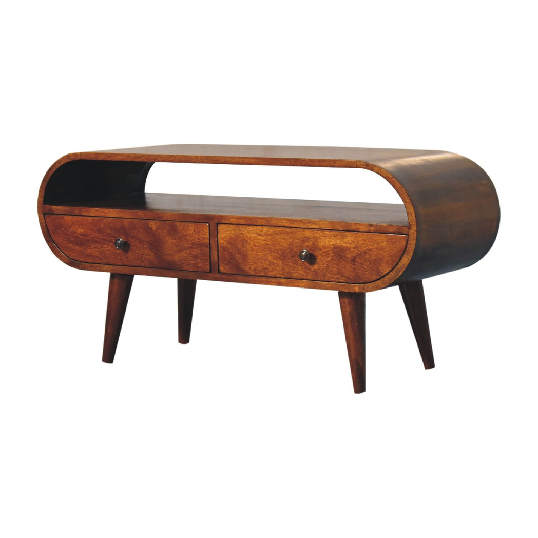 Artisan Furniture Circular TV Stand in Solid Mango Wood, 2 Drawers & Open Slot – Media Unit, Dark Brown