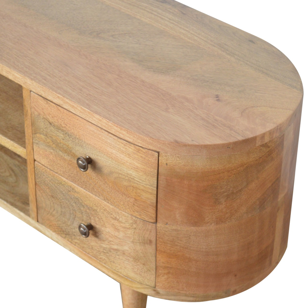 Artisan Furniture Rounded Media Unit in Solid Mango Wood, 4 Drawers & 2 Open Slots – Bedroom, Beige