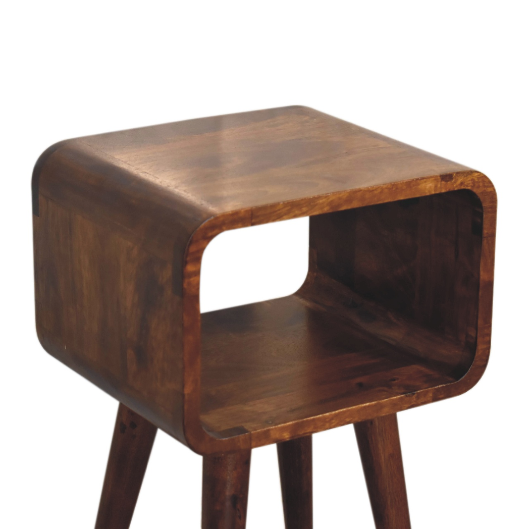 Artisan Furniture Mini Curved Bedside Table with Open Shelf – Solid Mango Wood, Chestnut Brown