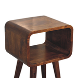 Artisan Furniture Mini Curved Bedside Table with Open Shelf – Solid Mango Wood, Chestnut Brown