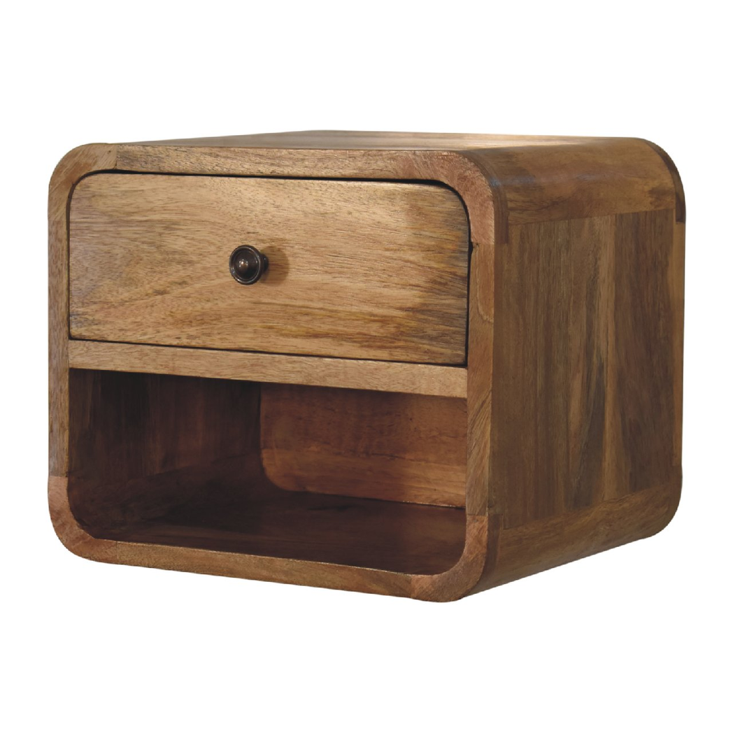 Artisan Mini Solid Wood Floating Bedside Table with Drawer & Open Shelf – Wall-Mounted, Oak-Look Finish
