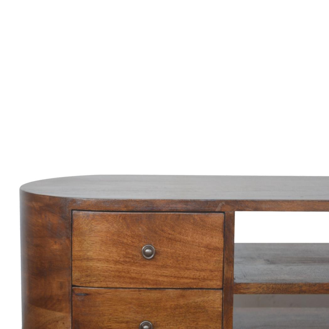 Artisan Furniture Rounded Media Unit in Solid Mango Wood, 4 Drawers & 2 Open Slots – Living Room, Chestnut