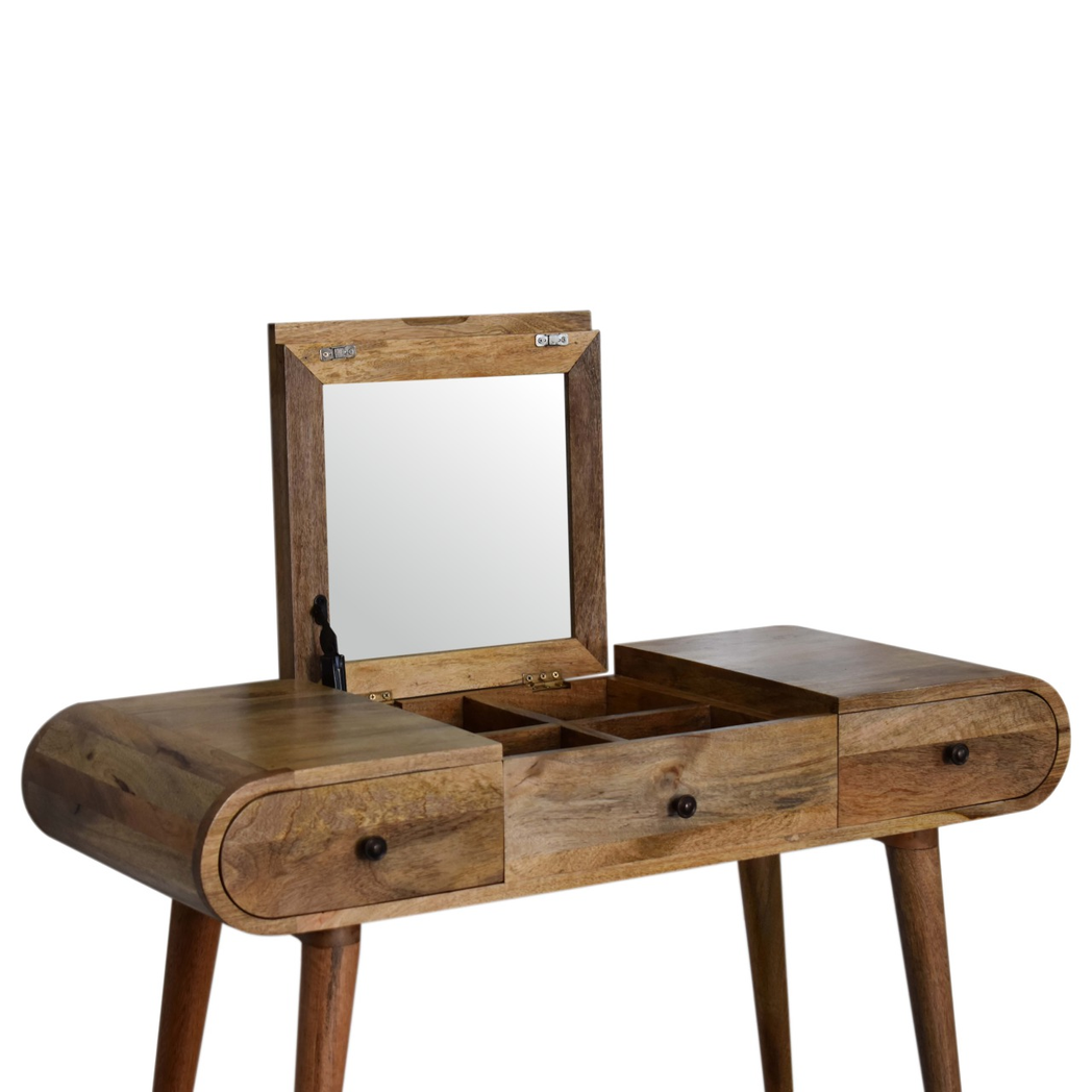 Artisan Furniture Round Dressing Table in Solid Mango Wood with Foldable Mirror & Storage – Bedroom, Beige