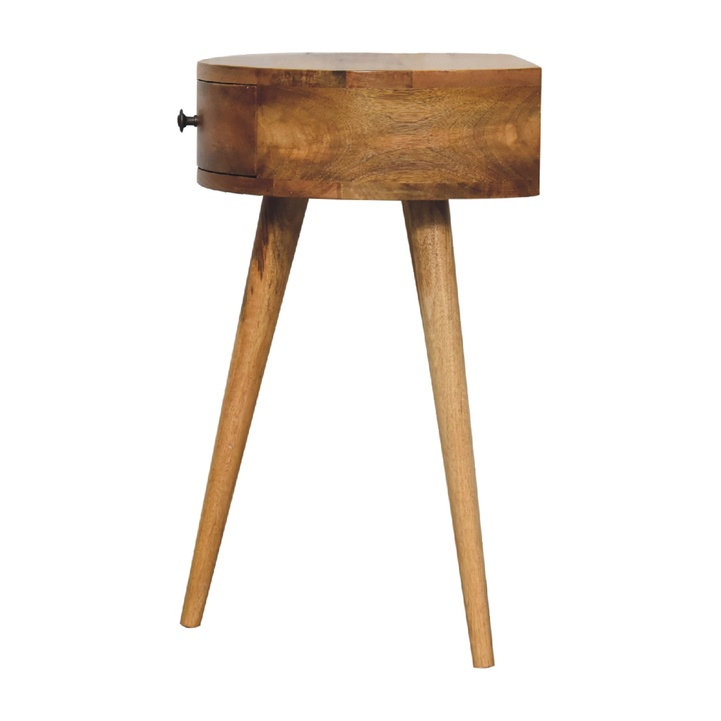 Artisan Furniture Mini Circular Bedside Table with Drawer – Solid Mango Wood, Oak-ish Finish, Brown