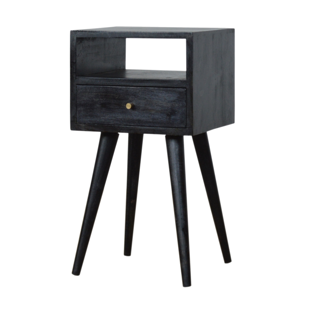 Artisan Furniture Solid Wood Mini Bedside Table with Pull-Out Drawer and Shelf – Nordic Style, Ash Black