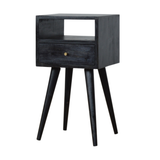 Artisan Furniture Solid Wood Mini Bedside Table with Pull-Out Drawer and Shelf – Nordic Style, Ash Black