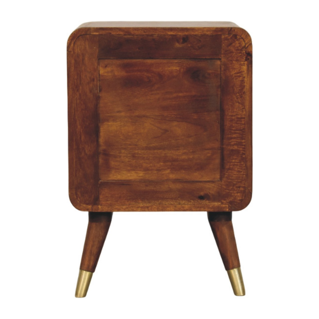 Artisan Furniture Solid Wood Avora Brass Embossed Nightstand with 2 Doors – Chestnut Finish, Brown and Gold