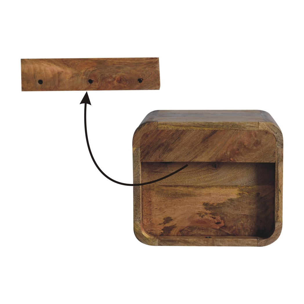Artisan Furniture Extra Mini Wall Mounted Curved Bedside Table, 1 Drawer & Open Shelf – Solid Mango Wood
