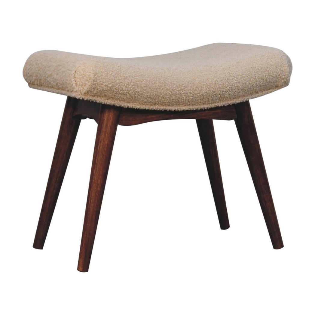 Artisan Furniture Solid Wood Boucle Curved Bench – Upholstered Hallway & Bedroom Seat, Honey Caramel Legs, Cream