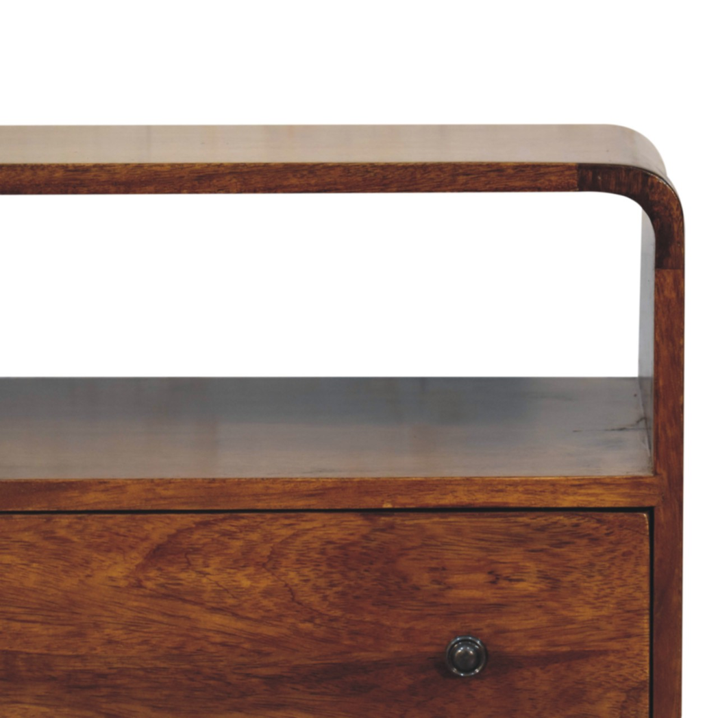 Artisan Furniture Solid Wood Curved Nordic Charm Chest with 2 Drawers and Shelf – Mid-Century, Dark Brown