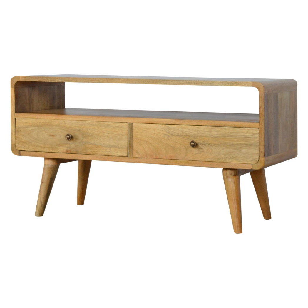 Artisan Curved Solid Wood Media Unit with 2 Drawers – Oak-Look Brown TV Stand for Living Rooms