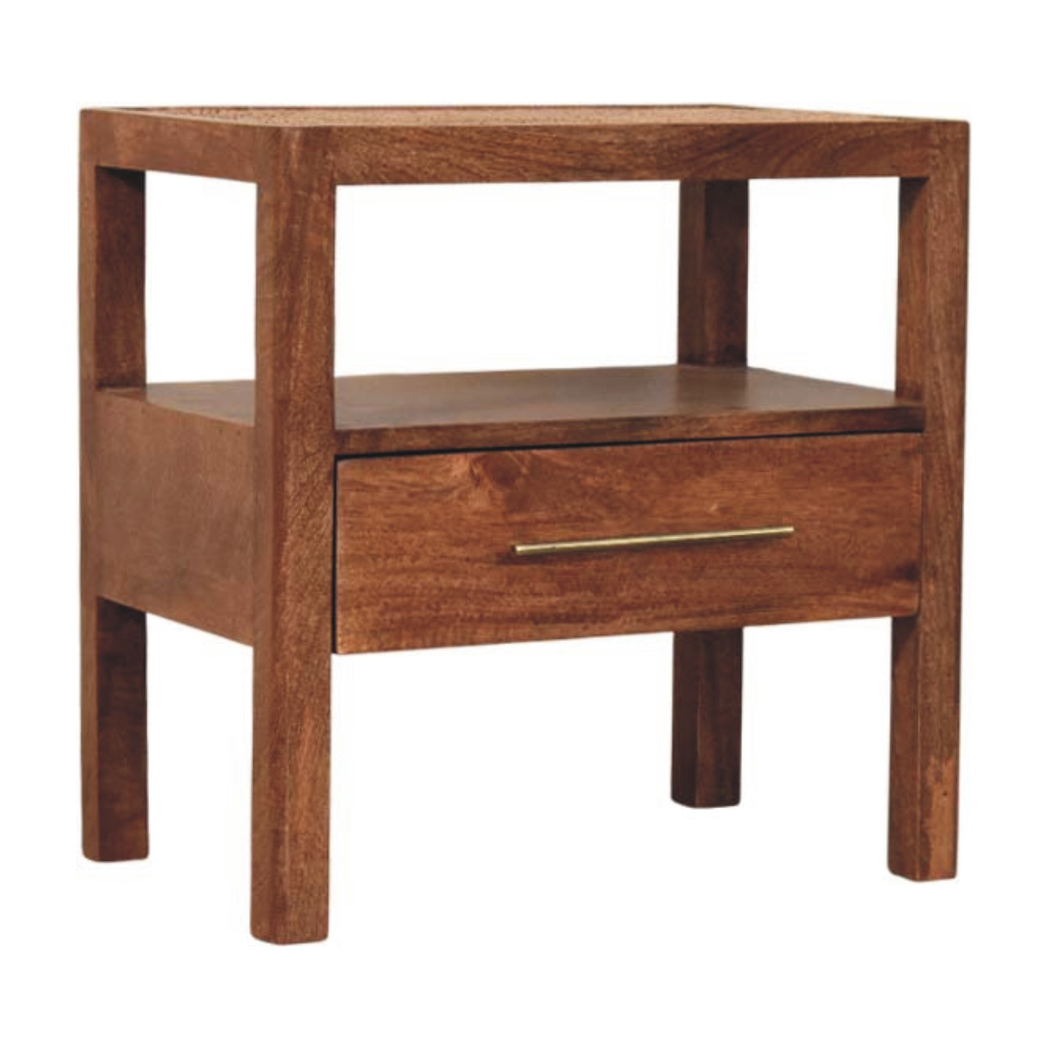 Artisan Furniture Solid Wood Caldera Bedside Stand, 1 Drawer, Open Shelf and Rattan Top – Brown