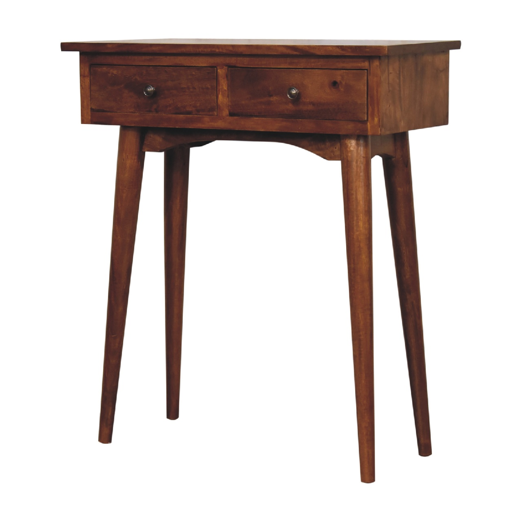 Artisan Mini Solid Wood Hallway Console Table with 2 Drawers – Narrow Entryway Storage, Dark Chestnut