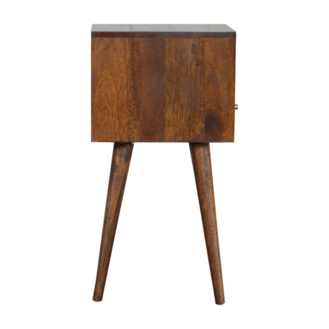 Artisan Furniture Solid Wood Mini Bedside Table with 1 Drawer and Open Shelf – Nordic Style, Chestnut Brown