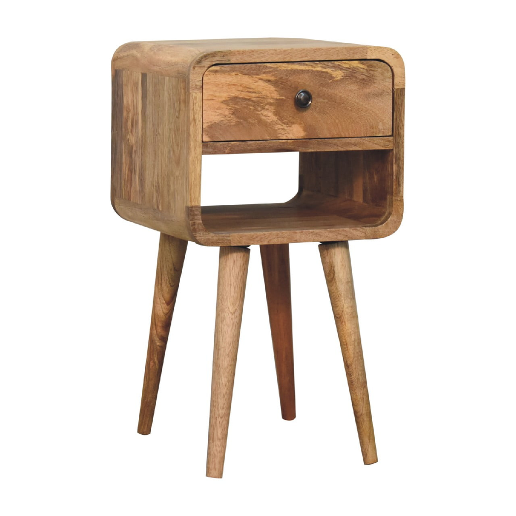 Artisan Solid Wood Mini Curve Low Bedside Table with 1 Drawer – Compact Curved Nightstand, Beige
