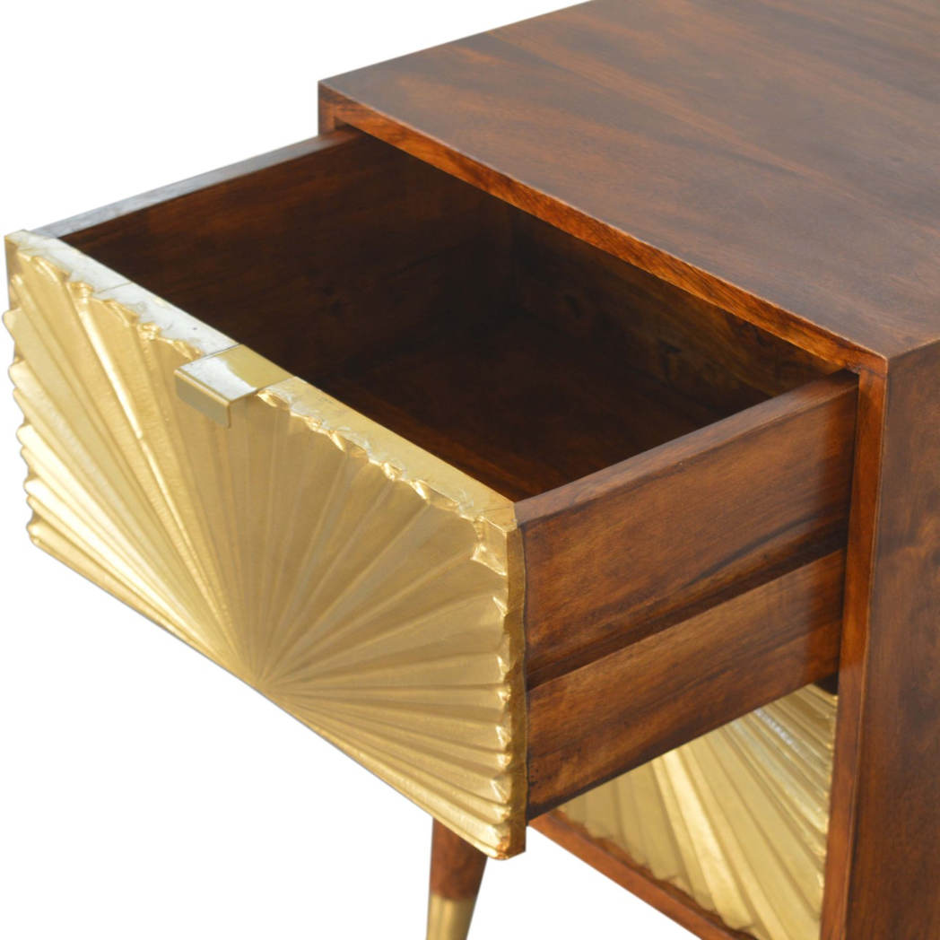 Artisan Furniture Solid Wood Manila Gold Chestnut Bedside Table, 2 Drawers & Brass Cap Feet – Brown