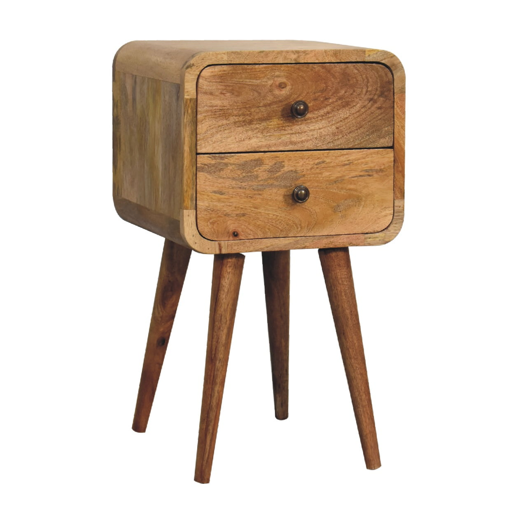 Artisan Furniture Solid Wood Mini Curved Bedside Table with 2 Drawers – Nordic Style, Oak-ish Brown