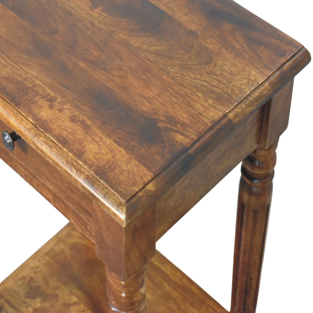 Artisan Furniture Solid Mango Wood Side Table with Drawer, Turned Legs & Lower Shelf – Chestnut Brown