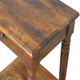 Artisan Furniture Solid Mango Wood Side Table with Drawer, Turned Legs & Lower Shelf – Chestnut Brown