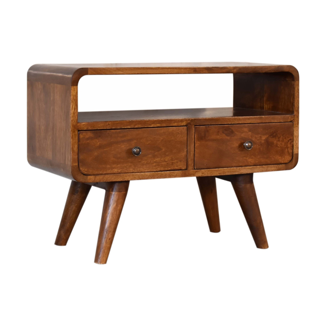 Artisan Mini Curved Solid Wood Media Unit with 2 Drawers – Compact TV Storage for Small Spaces, Chestnut