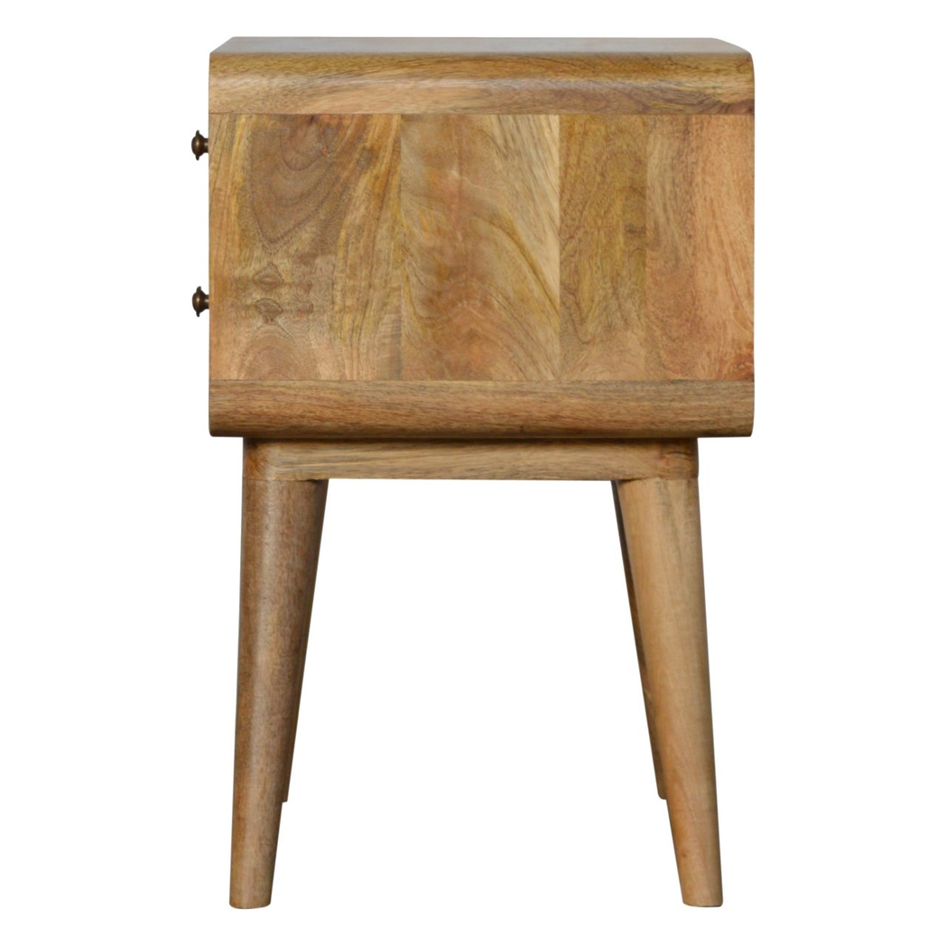 Artisan Furniture Curved Bedside Table with 2 Drawers – Solid Mango Wood, Oak-Effect Finish, Brown